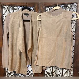 Taupe Suede Sleeveless Top and Open Front Cardigan Set